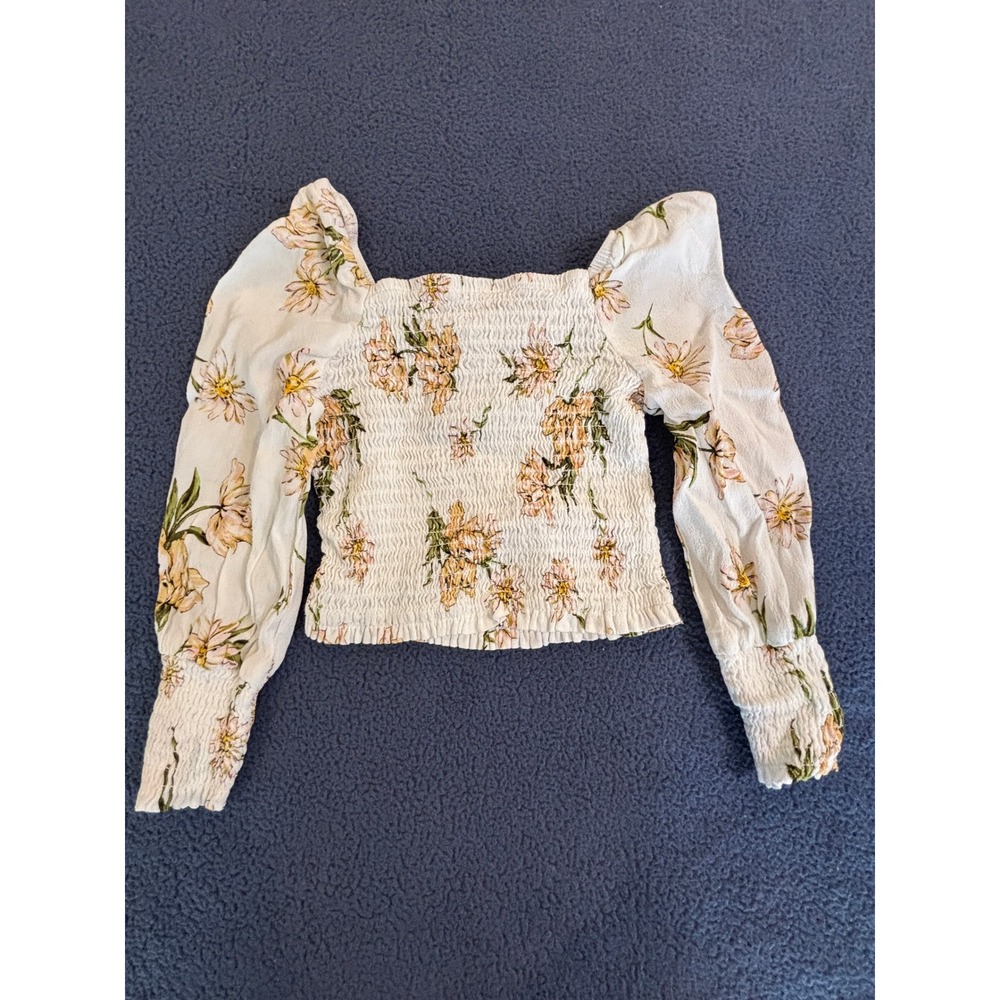 GB Girls Floral Smocked Long Sleeve Crop Top White Yellow Daisy Size S